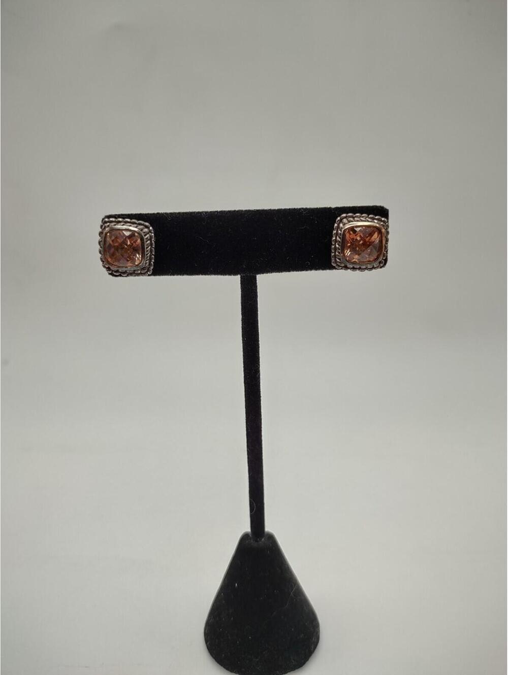 Sterling Silver Cable Style Stud Earrings Peach CZ 925